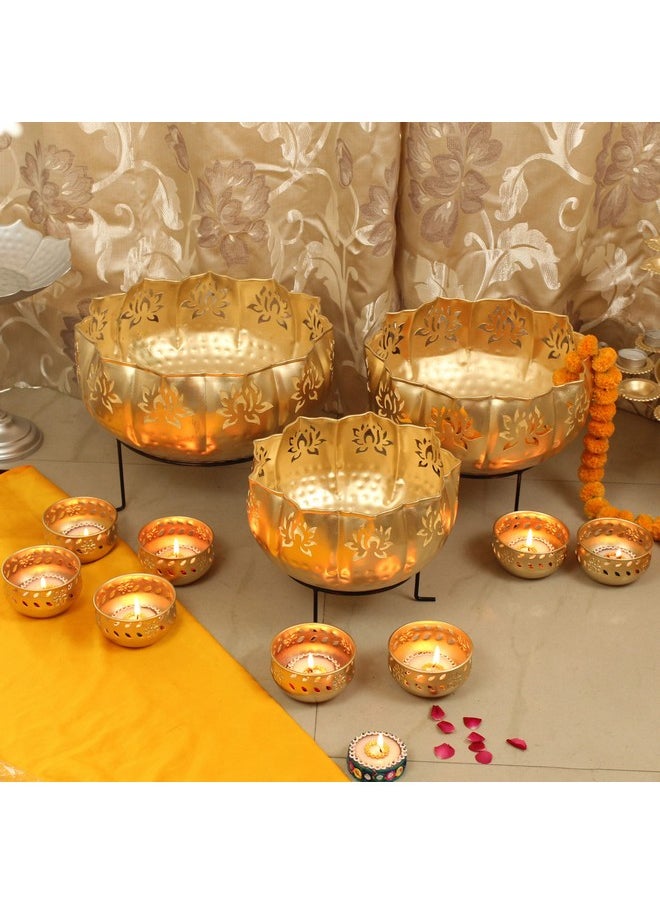 TIED RIBBONS Pack of 14 Decorative Urli Bowl for Home Decor with Stands for Floating Flowers and Tealight Candles (Gold) - Diwali Decoration Items for Home Decor - Diwali Decor - Diwali Gifts