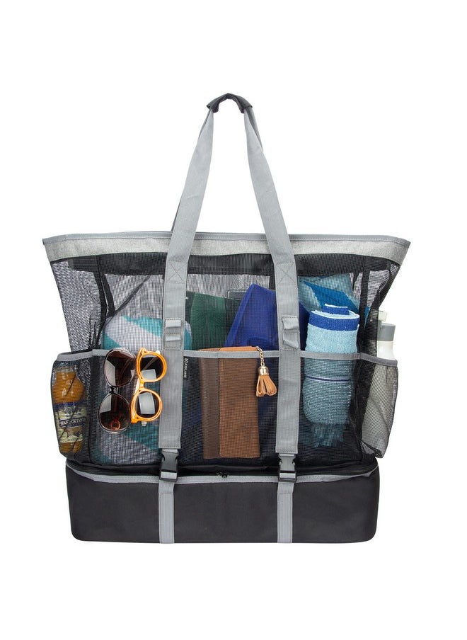 KISLANE Extra Large 55L Mesh Beach Tote Bag with Cooler Bottom, Portable Waterproof Mesh Beach Tote, Pool Bags with Zipper and Pockets