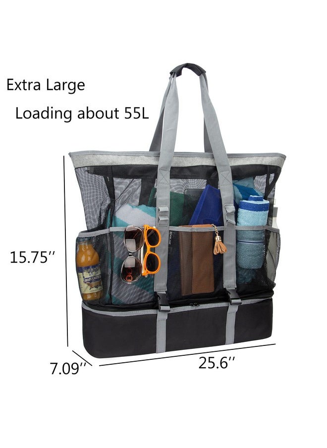 KISLANE Extra Large 55L Mesh Beach Tote Bag with Cooler Bottom, Portable Waterproof Mesh Beach Tote, Pool Bags with Zipper and Pockets