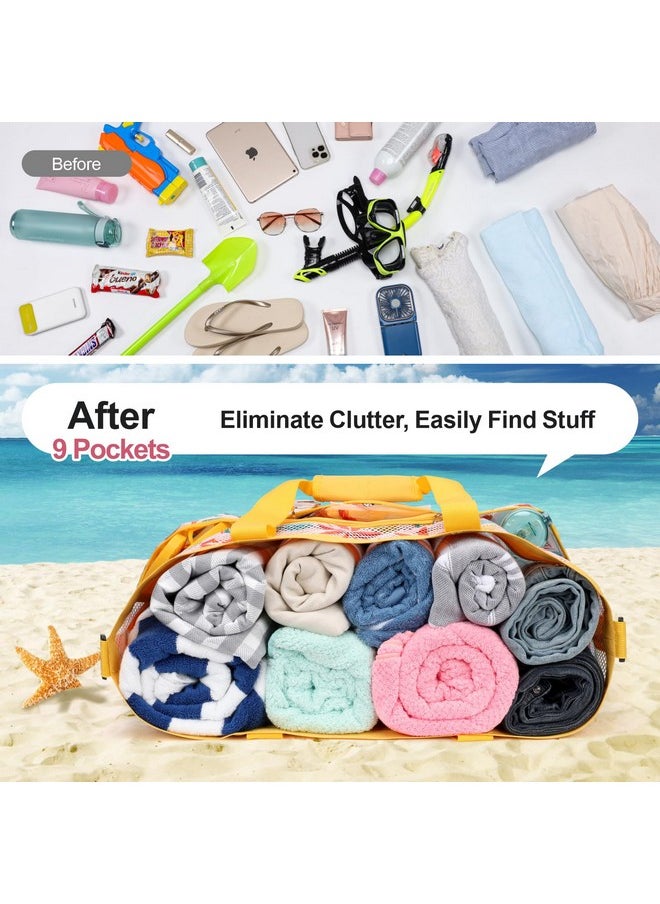 F-color Mesh Beach Tote Bag - 9 Pockets Mesh Bag with Zipper for Travel Beach Swim Pool Gym Camping Waterpark, with Towel Sunscreen Bottles Clothes Shoes and More Beach Essentials, Yellow