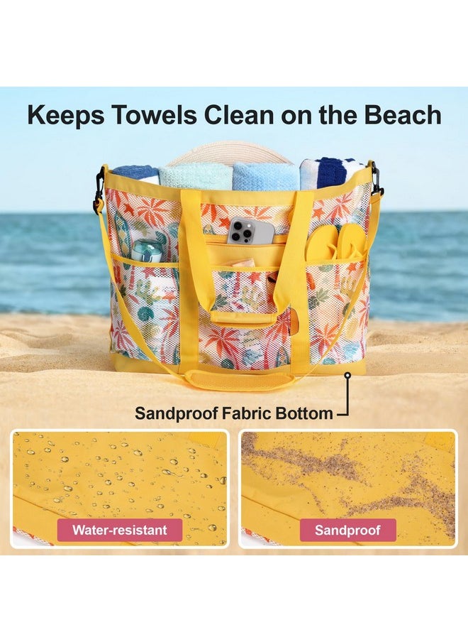 F-color Mesh Beach Tote Bag - 9 Pockets Mesh Bag with Zipper for Travel Beach Swim Pool Gym Camping Waterpark, with Towel Sunscreen Bottles Clothes Shoes and More Beach Essentials, Yellow