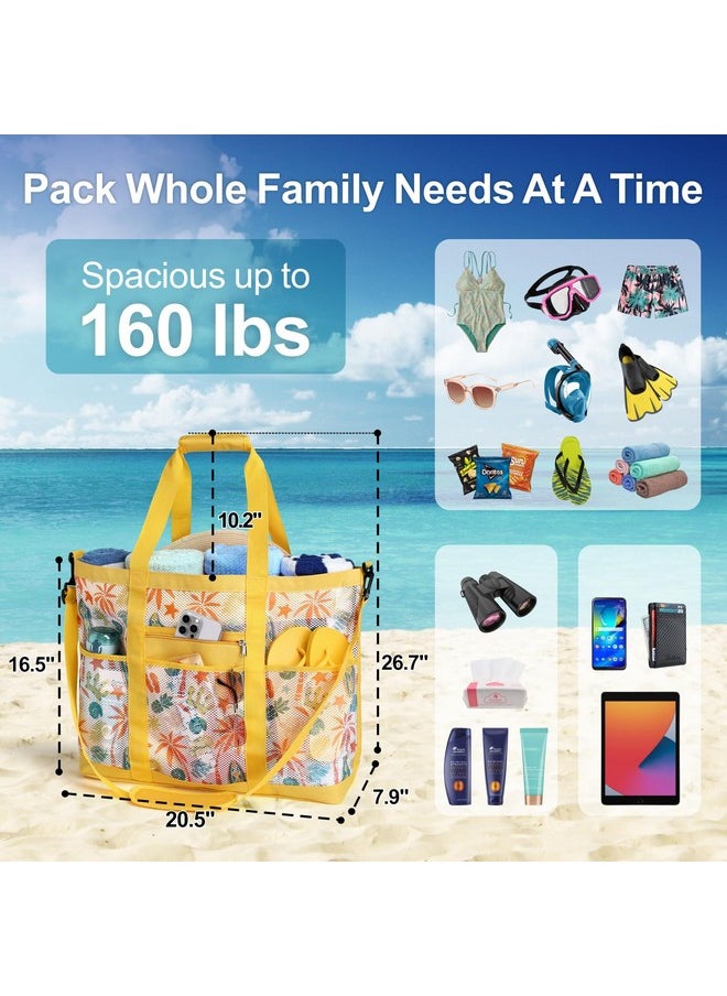F-color Mesh Beach Tote Bag - 9 Pockets Mesh Bag with Zipper for Travel Beach Swim Pool Gym Camping Waterpark, with Towel Sunscreen Bottles Clothes Shoes and More Beach Essentials, Yellow