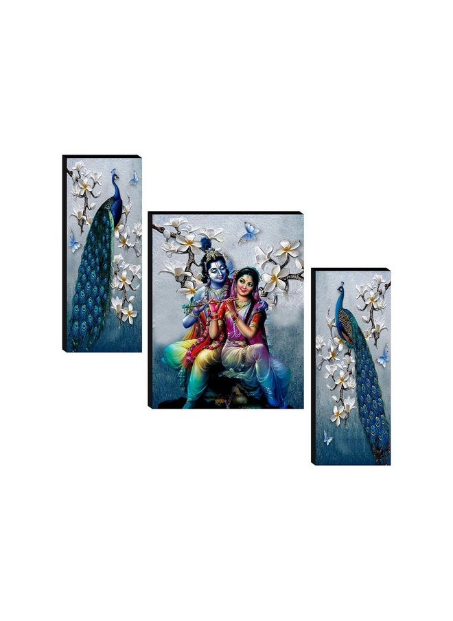 SAF Set of 3 Radha Krishna with Couple Peacock UV Textured Home Decorative Item Self Adhesive Painting 18 Inch X 12 Inch SANFJM31078- Multi Color