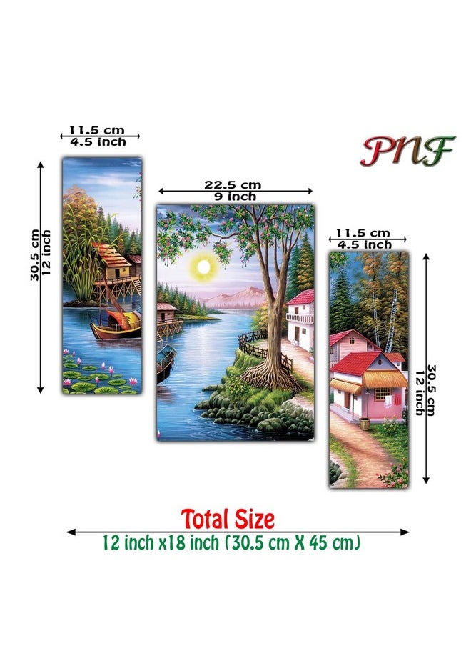 pnf Poster And Frames Hand Painting Landscape Scenery MDF Panel | For Living, Bedroom | Home Decoration Item | Best Gifting Option | Set Of 3 (MDF,Multicolour,18x12inch) -1423