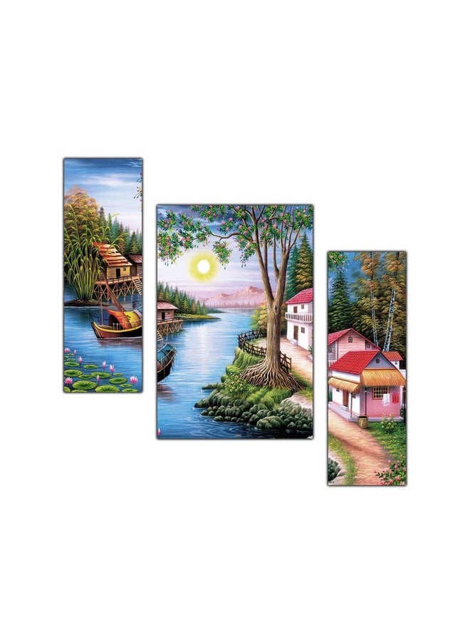 pnf Poster And Frames Hand Painting Landscape Scenery MDF Panel | For Living, Bedroom | Home Decoration Item | Best Gifting Option | Set Of 3 (MDF,Multicolour,18x12inch) -1423
