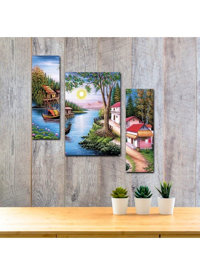 pnf Poster And Frames Hand Painting Landscape Scenery MDF Panel | For Living, Bedroom | Home Decoration Item | Best Gifting Option | Set Of 3 (MDF,Multicolour,18x12inch) -1423