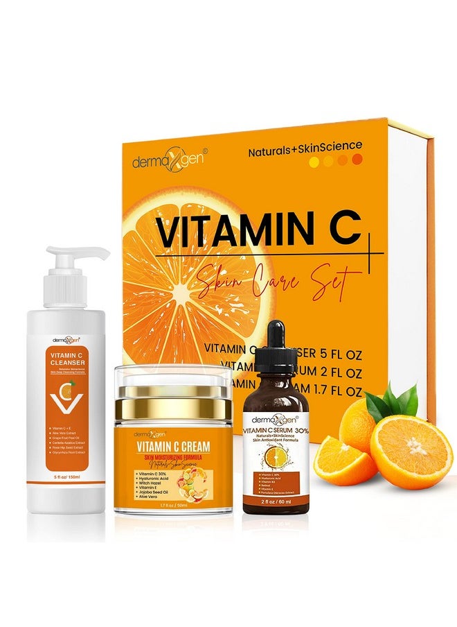 Dermaxgen Vitamin C Complete Facial Care Kit - Organic Glowing Skin Anti-Aging, Rejuvenating, Boosting Collagen & Hydrating - Day & Night Brightening Skincare Gift Set