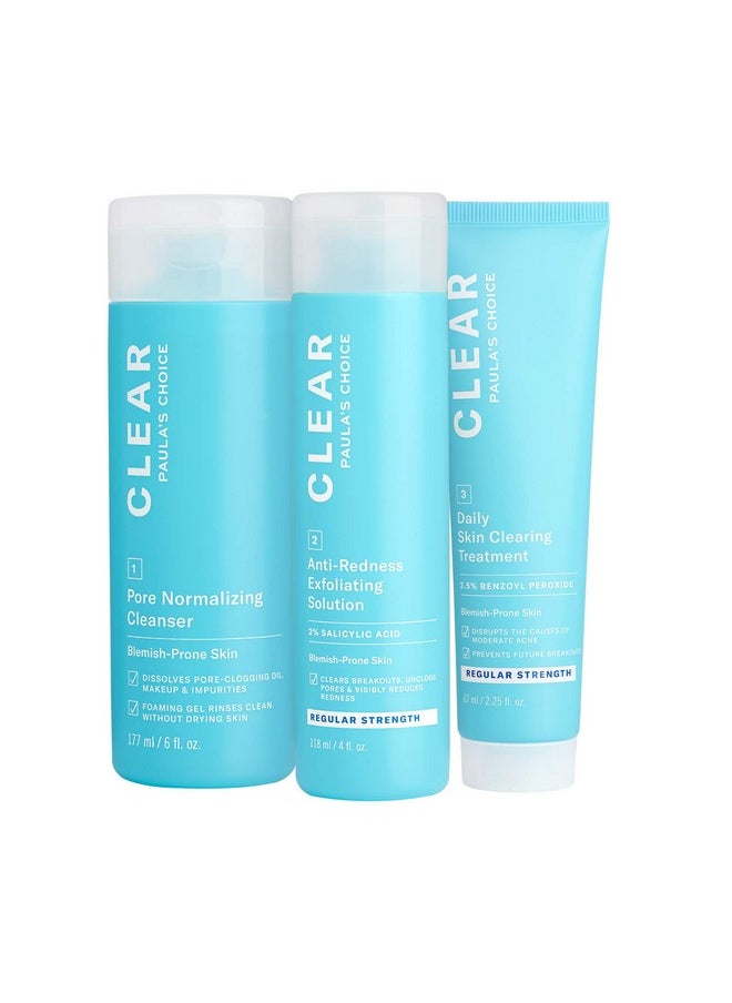 Paula's Choice CLEAR Regular Strength Acne Kit, 2% Salicylic Acid & 2.5% Benzoyl Peroxide for Facial Acne & Pores, Redness Relief, PACKAGING MAY VARY