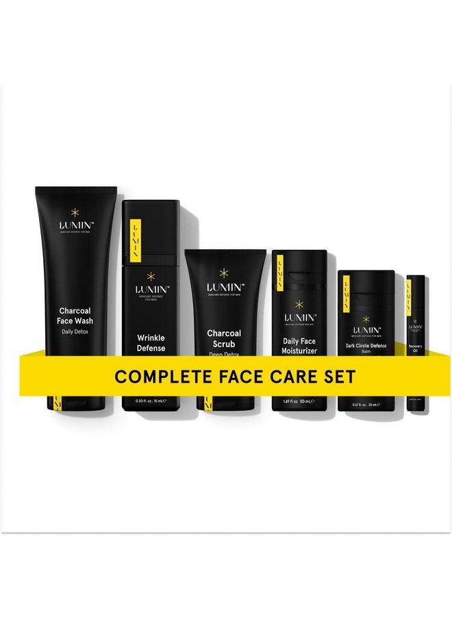 Lumin - Complete Set Men's skincare Routine includes: Charcoal Face Wash, Charcoal Scrub, Face Moisturizer, Wrinkle Serum, Recovery Oil & Dark Circle Defense Balm