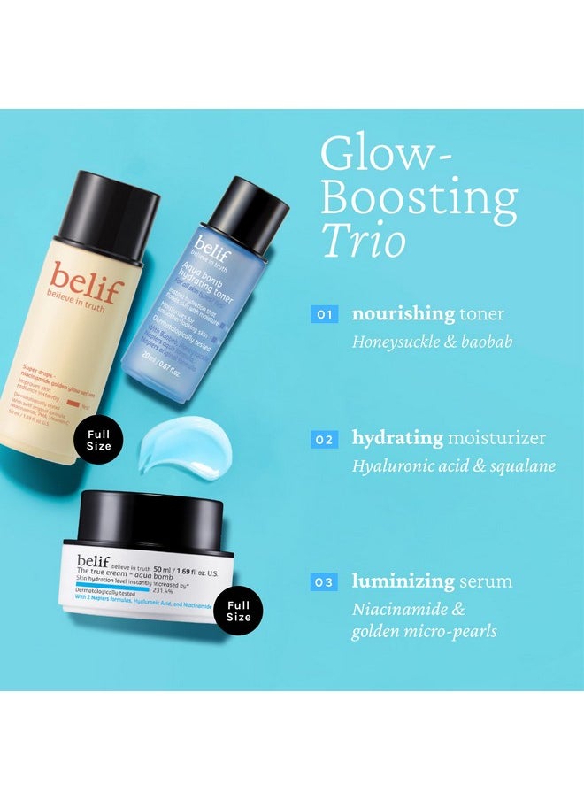 belif Uncover Your Glow Set, Aqua Bomb Daily Face Moisturizer, Niacinamide Vitamin C Golden Glow Serum, Aqua Bomb Hydrating Toner - Hyaluronic Acid, For All Skin Types, Korean Skin Care