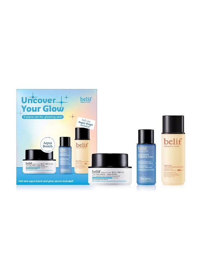 belif Uncover Your Glow Set, Aqua Bomb Daily Face Moisturizer, Niacinamide Vitamin C Golden Glow Serum, Aqua Bomb Hydrating Toner - Hyaluronic Acid, For All Skin Types, Korean Skin Care