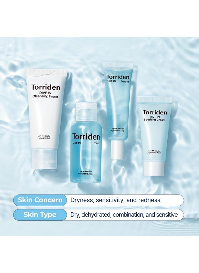 Torriden DIVE-IN Trial Kit, Hyaluronic Acid Infused Daily Skincare Kit - 4 Step Regimen with Foam Cleanser, Facial Toner, Serum, and Cream | Vegan, Hypoallergenic Korean Skin Care