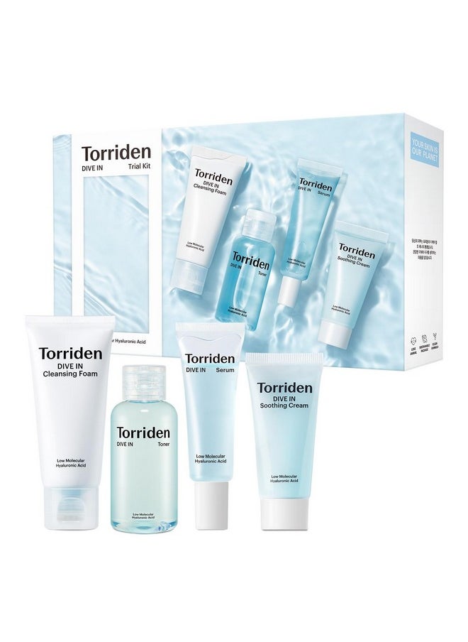 Torriden DIVE-IN Trial Kit, Hyaluronic Acid Infused Daily Skincare Kit - 4 Step Regimen with Foam Cleanser, Facial Toner, Serum, and Cream | Vegan, Hypoallergenic Korean Skin Care