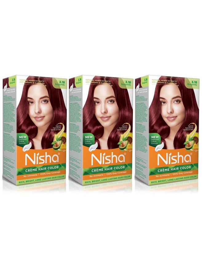 Nisha Creme Hair Color Burgundy, Permanent Hair Colour for Women Men, No Ammonia, Ultra Soft Deep Shine, 100% Grey Coverage, 3.16 Burgundy Hair Colour 120gm Pack of 3