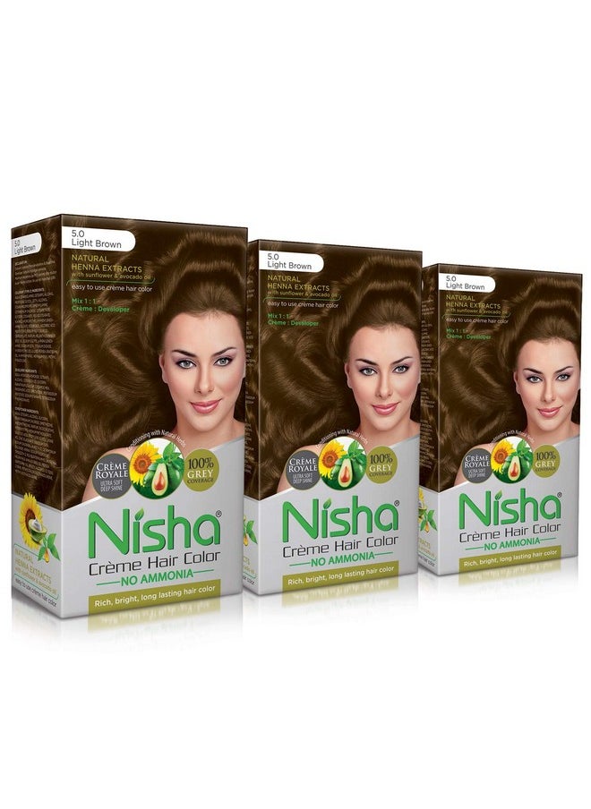 Nisha Cream Permanent Hair Color No Ammonia Cream Formula Permanent Fashion Highlights(60Gm+60Ml Each Pack) Light Brown (Pack Of 3)