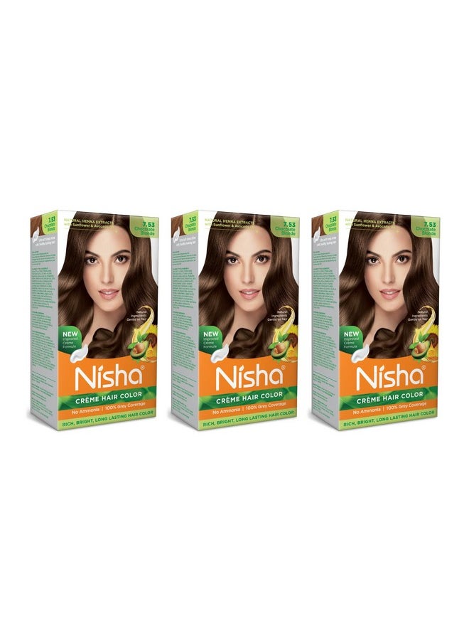 Nisha Creme Hair Color Chocolate Blonde, Permanent Hair Colour for Women Men, No Ammonia, Ultra Soft Deep Shine, 100% Grey Coverage, 7.53 Chocolate Blonde Hair Colour 120gm Pack of 3