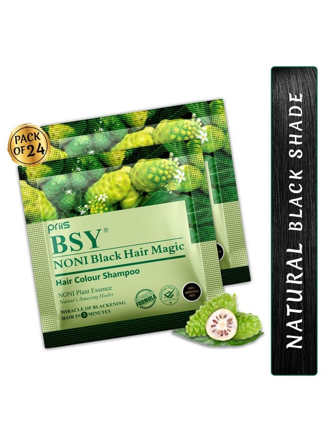 BSY Noni Black Hair Magic Hair colour shampoo (12ml x 24 Sachets) | Ammonia Free Hair Color Shampoo for men| Natural Black Permanent Hair Dye Shampoo for women | Noni Fruit Hair Dye | 5 Minutes Hair Colour | Easy to use Hair Colour Shampoo