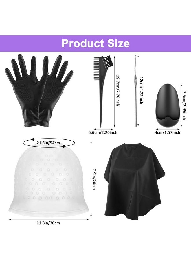 FRIUSATE Hair Coloring Highlighting Cap, 8 Pieces Hair Highlighting Kit, Silicone Highlight Cap Pull Through Caps Hair Coloring Frosting Cap with Hook, Cape, Brush, Gloves and Ear Covers for Women Men
