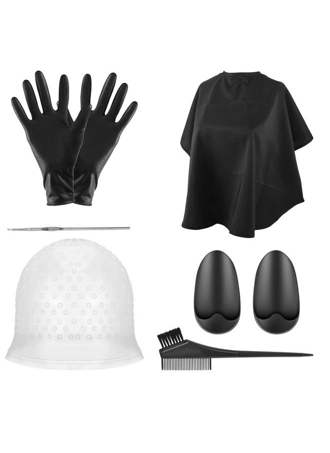 FRIUSATE Hair Coloring Highlighting Cap, 8 Pieces Hair Highlighting Kit, Silicone Highlight Cap Pull Through Caps Hair Coloring Frosting Cap with Hook, Cape, Brush, Gloves and Ear Covers for Women Men