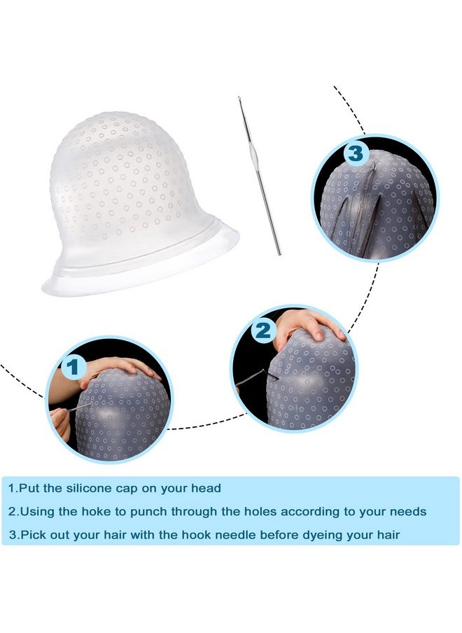 FRIUSATE Hair Coloring Highlighting Cap, 2 Pieces Silicone Highlight Cap Pull Through Caps Hair Coloring Frosting Cap with Hook, Hair Highlighting Kit Gloves and Brush for Salon Tools Women Men