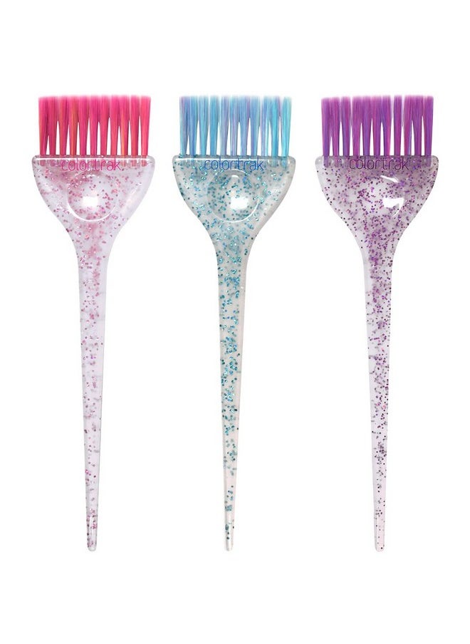 Colortrak 3 Pack Hair Color Brush Set with Glitter Handles for Highlighting, Tint and Coloring Hair Sections - Soft Feathered Bristles Hair Color Application 3.5 x 11 inch