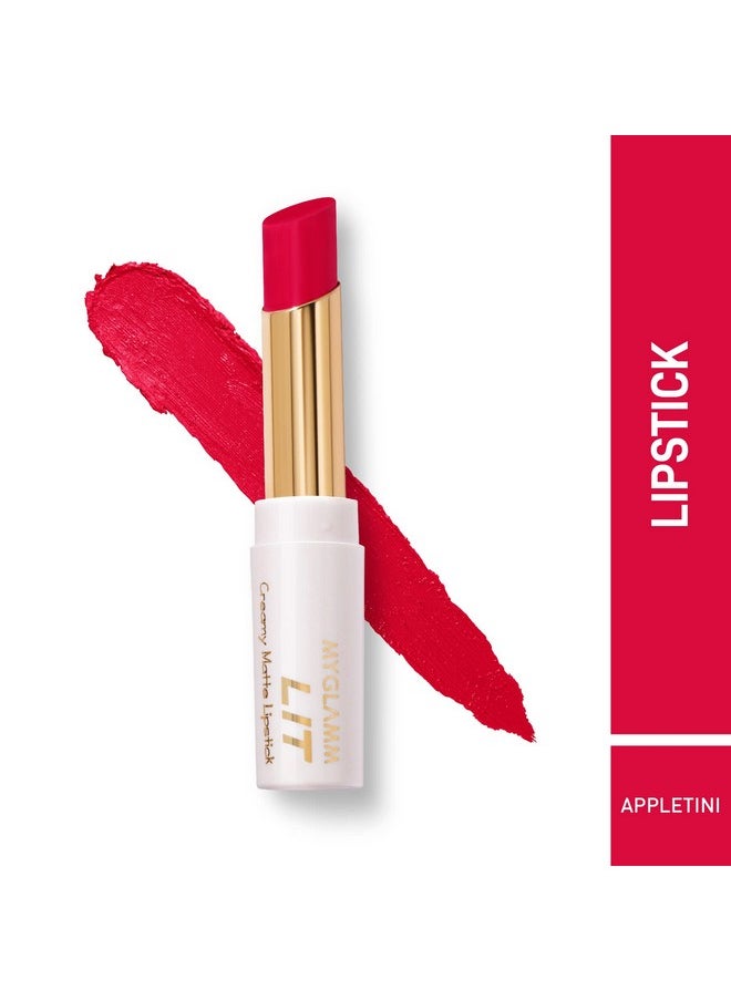 MyGlamm LIT Creamy Matte Lipstick-Appletini (Red)- 3.7gm |Creamy Matte Lipstick | Long-lasting & Smudge-Proof | Vegan & Cruelty-Free