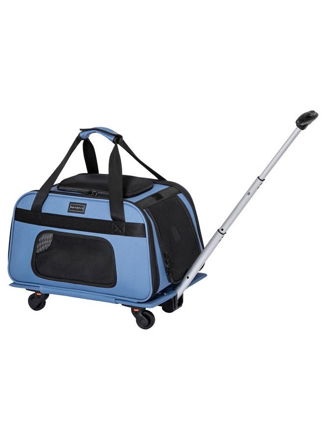 Petsfit Pet Carrier with Wheels, Rolling Cat Carrier for 2 Small Cats, Airline Approved Pet Carrier with Telescopic Handle Perfect for Travelling Under 15lb,Blue