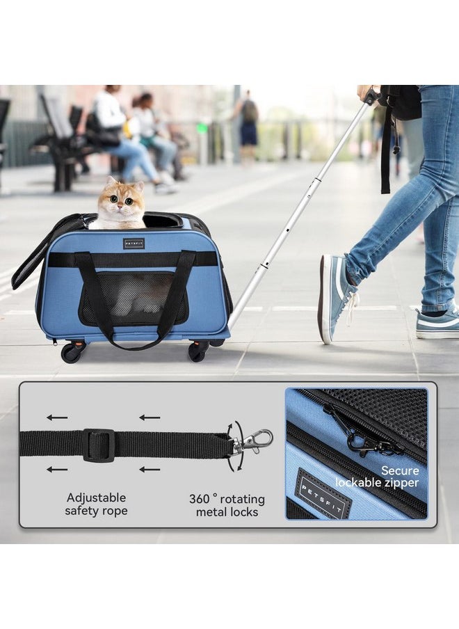 Petsfit Pet Carrier with Wheels, Rolling Cat Carrier for 2 Small Cats, Airline Approved Pet Carrier with Telescopic Handle Perfect for Travelling Under 15lb,Blue