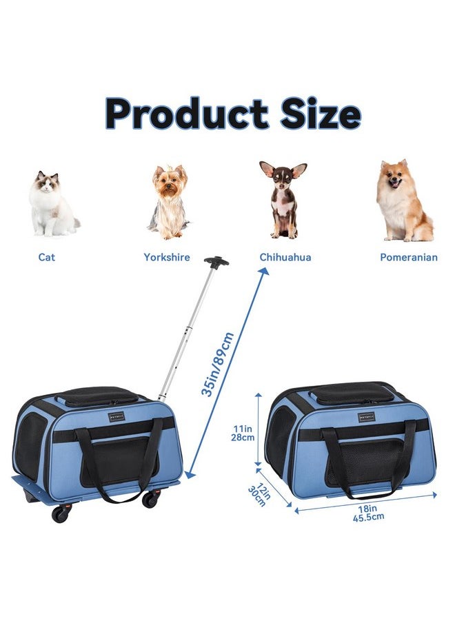 Petsfit Pet Carrier with Wheels, Rolling Cat Carrier for 2 Small Cats, Airline Approved Pet Carrier with Telescopic Handle Perfect for Travelling Under 15lb,Blue