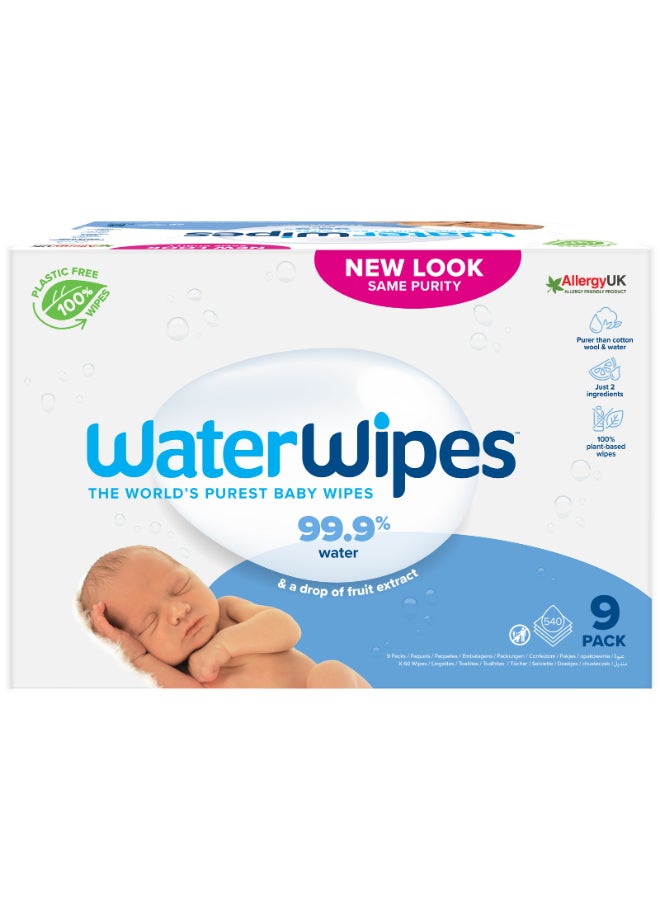 Original Plastic Free Baby Wipes, 540 Wet Wipes, 99.9% Water Based And Unscented For Sensitive Skin Pack of 9