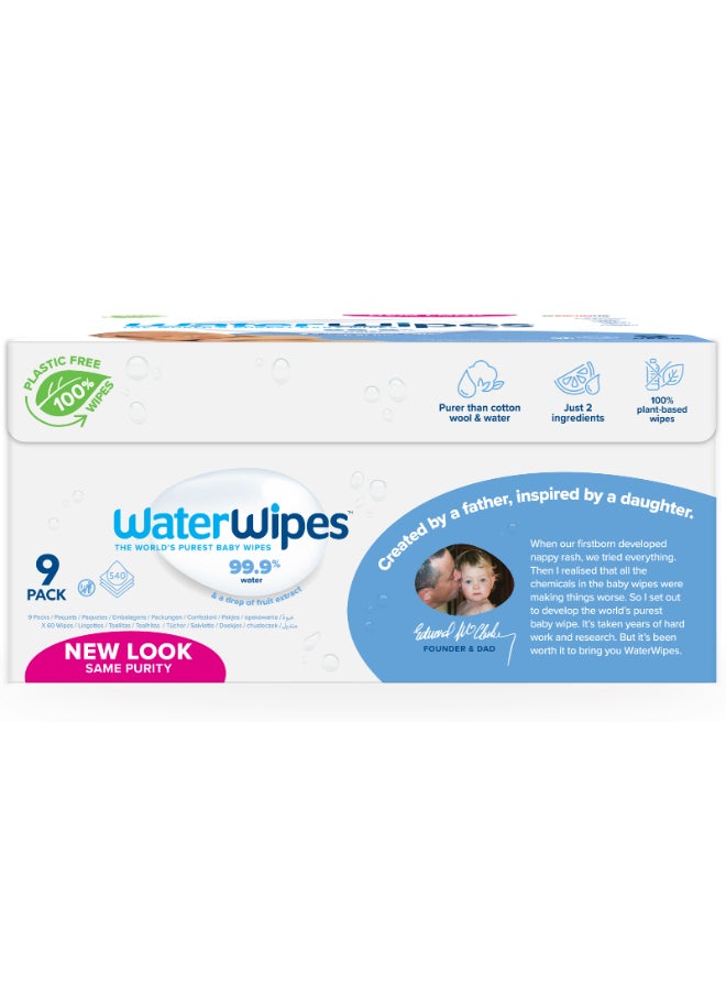 Original Plastic Free Baby Wipes, 540 Wet Wipes, 99.9% Water Based And Unscented For Sensitive Skin Pack of 9