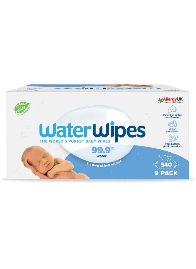 Original Plastic Free Baby Wipes, 540 Wet Wipes, 99.9% Water Based And Unscented For Sensitive Skin Pack of 9