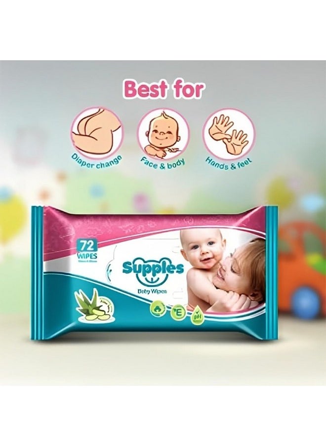 Amazon Brand - Supples Baby Wet Wipes | 216 Wipes | 72 Wipes x 3 Packs | Enriched With Aloe Vera and Vitamin E | Alcohol-free and Paraben-free | Pure Water-Based Formulation