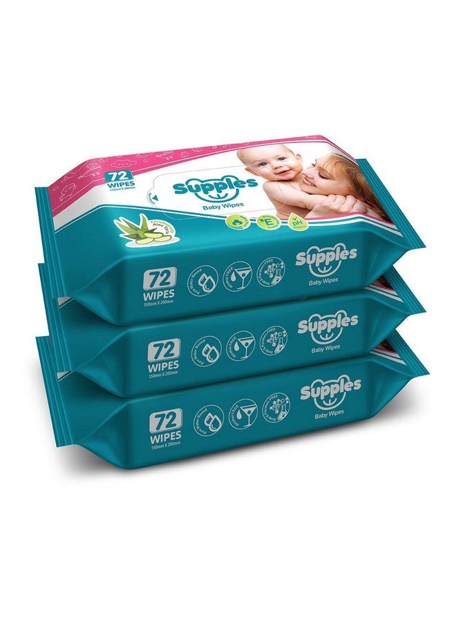 Amazon Brand - Supples Baby Wet Wipes | 216 Wipes | 72 Wipes x 3 Packs | Enriched With Aloe Vera and Vitamin E | Alcohol-free and Paraben-free | Pure Water-Based Formulation