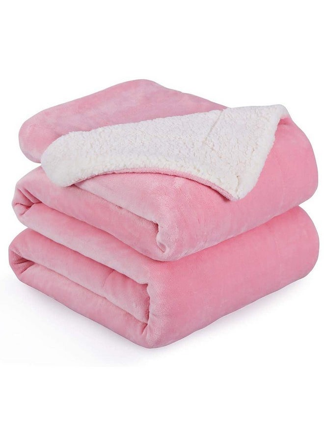 BSB HOME Polyester Micromink Summer Ac/Mild Winter/Heavy Winter Sherpa Blanket Super Soft Flannel Solid/Plain, White & Pink, Size 150 X 228 Cms (Single), 200 tc