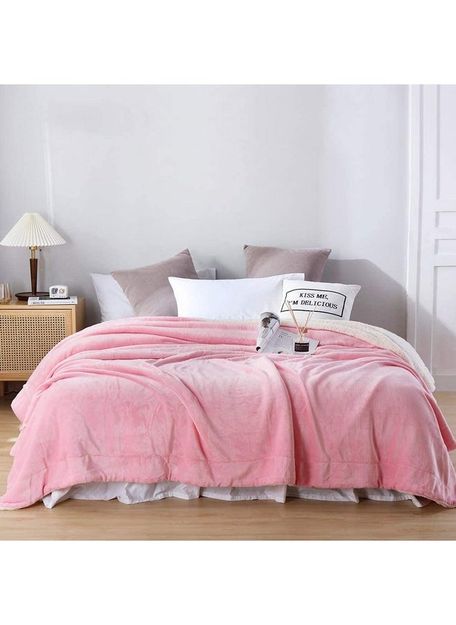 BSB HOME Polyester Micromink Summer Ac/Mild Winter/Heavy Winter Sherpa Blanket Super Soft Flannel Solid/Plain, White & Pink, Size 150 X 228 Cms (Single), 200 tc
