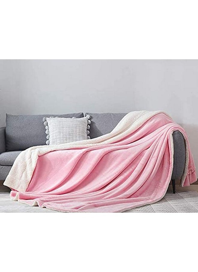 BSB HOME Polyester Micromink Summer Ac/Mild Winter/Heavy Winter Sherpa Blanket Super Soft Flannel Solid/Plain, White & Pink, Size 150 X 228 Cms (Single), 200 tc