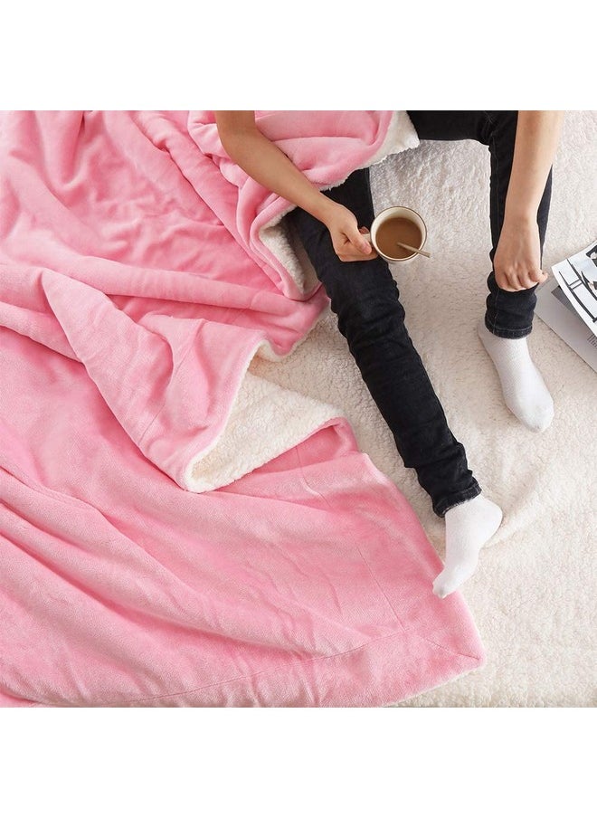 BSB HOME Polyester Micromink Summer Ac/Mild Winter/Heavy Winter Sherpa Blanket Super Soft Flannel Solid/Plain, White & Pink, Size 150 X 228 Cms (Single), 200 tc
