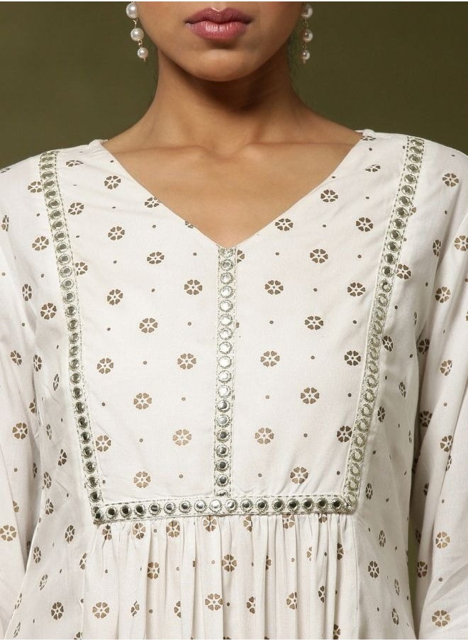 Gather printed kurta -offwhite