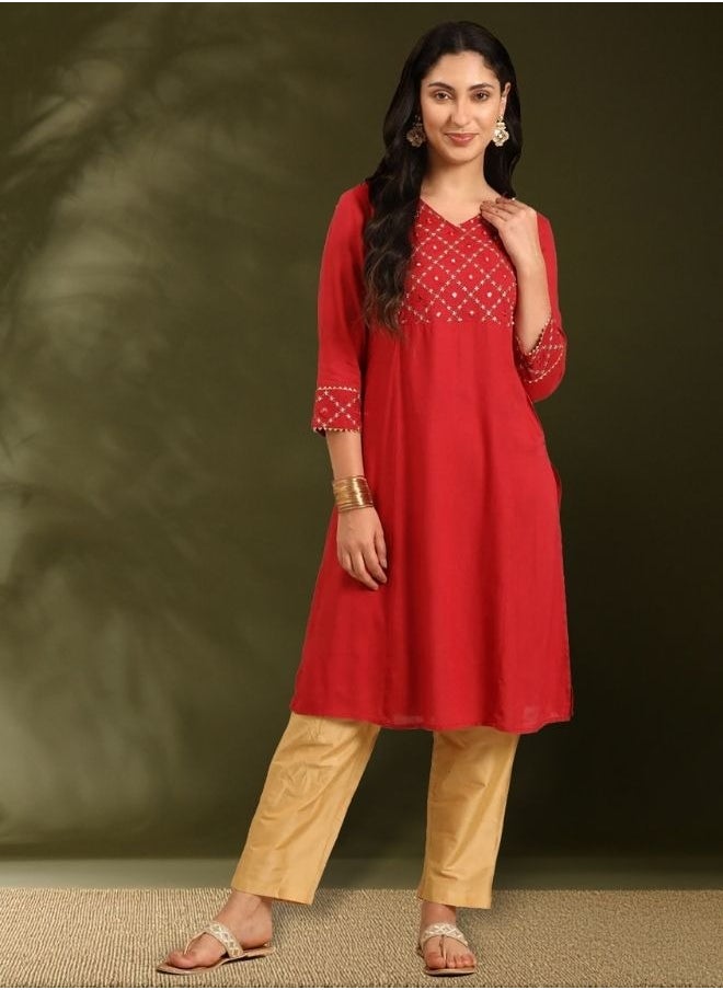 Zari and mirrorwork embroidered kurta-red