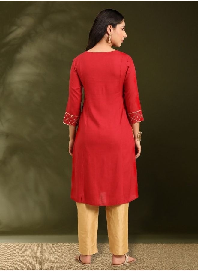 Zari and mirrorwork embroidered kurta-red