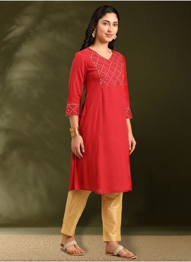 Zari and mirrorwork embroidered kurta-red