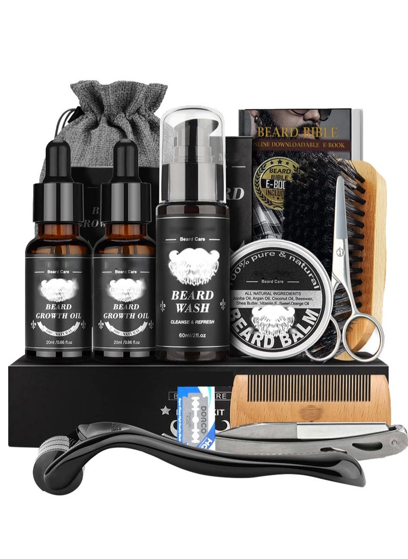 Beard Growth Kit for Men, Beard & Mustache Facial Hair Growth Roller Kit, Beard Growth Oil, Beard Balm, Beard Roller, Beard Comb,Storage Bag, Birthday Gifts for Men