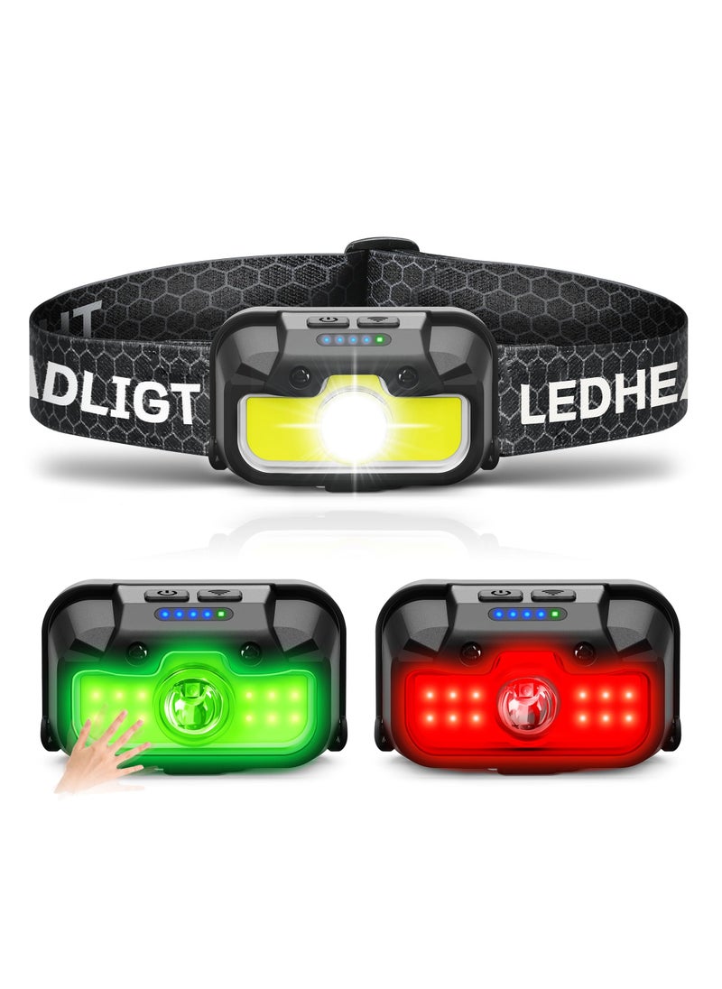 1300 Lumen Rechargeable Headlamp, Ultra Light, Bright with White, Red, Green Lights, 14 Adjustable Modes, Waterproof Motion Sensor Headlight for Camping, Running, Cycling, Hiking