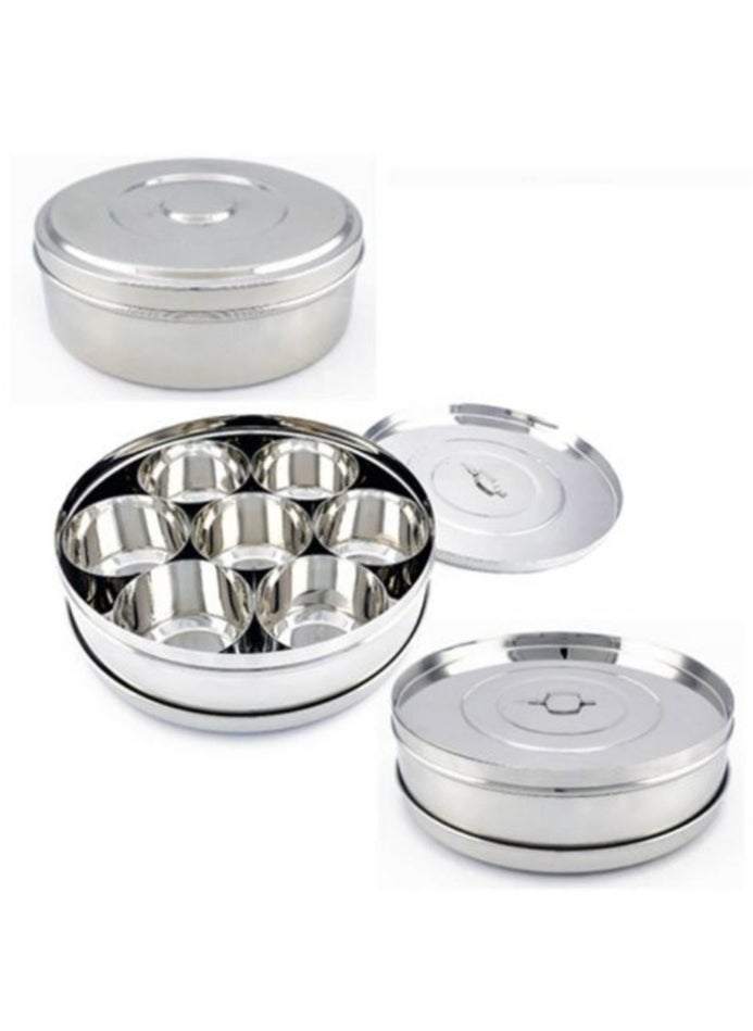 Stainless Steel Spice Box Round Masala Dabba with 7 Jars 25cm
