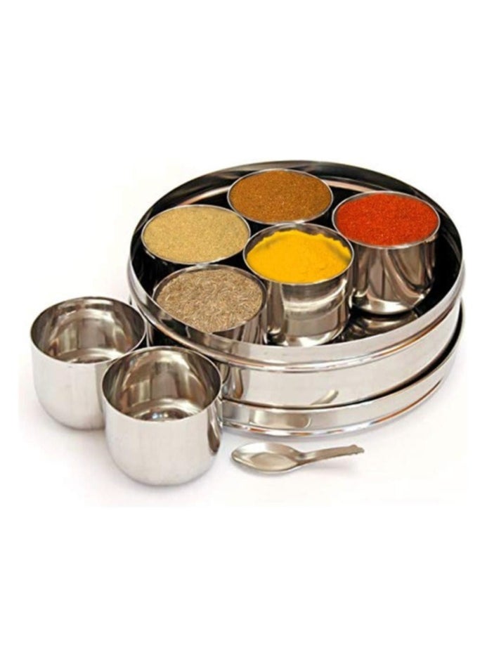 Stainless Steel Spice Box Round Masala Dabba with 7 Jars 25cm