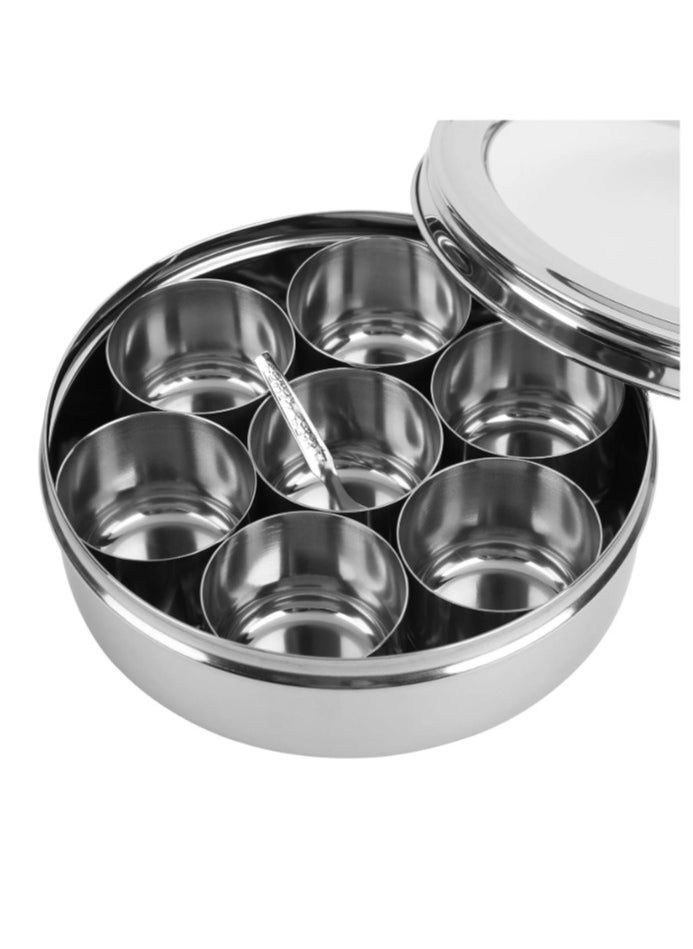 Stainless Steel Spice Box Round Masala Dabba with 7 Jars 25cm