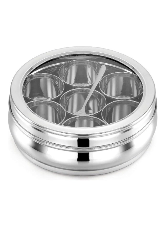 Stainless Steel Spice Box Round Masala Dabba with Transparent Lid and 7 Jars 7.5inches