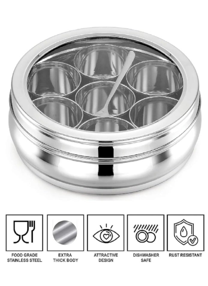 Stainless Steel Spice Box Round Masala Dabba with Transparent Lid and 7 Jars 7.5inches