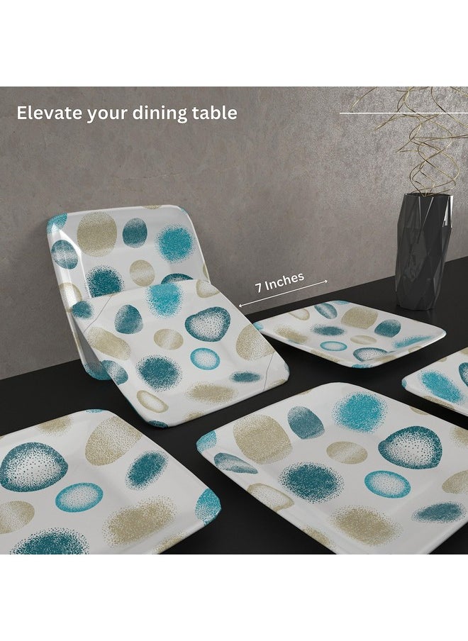 Castleite Bliss Melamine Quarter Plates Set of 6 - Size 7', Non Breakable, Square Designer Plate for Serving Snacks, Breakfast, Lunch or Dinner at Home, Kitchen, or Café, Stainless (Deja Blue)